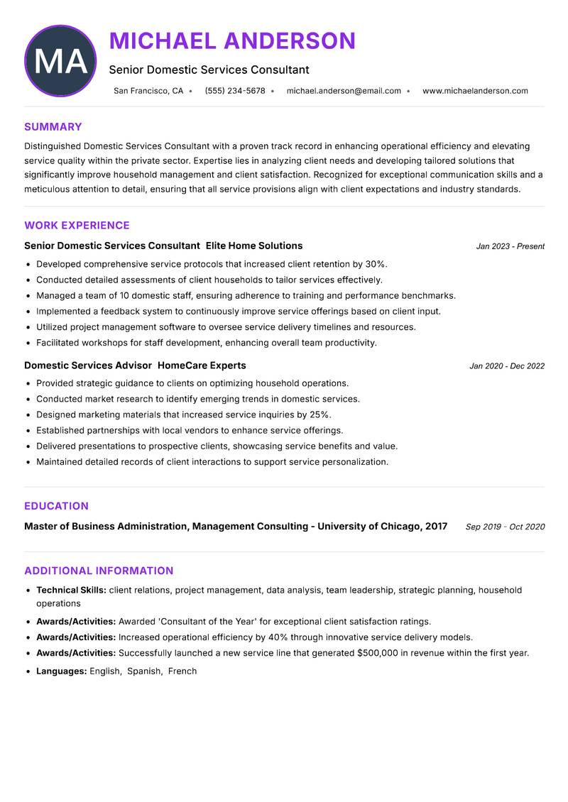 Domestic Services Consultant resume example