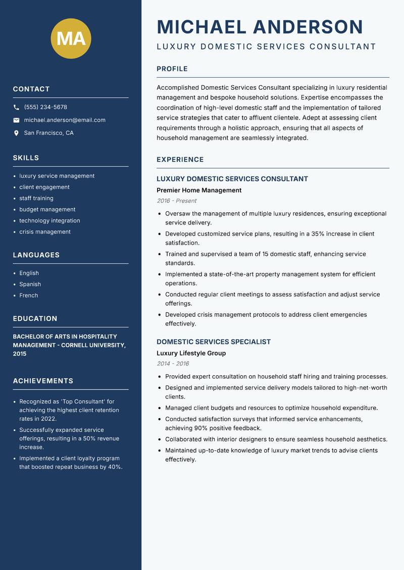 Domestic Services Consultant resume sample — Luxury Domestic Services Consultant focus
