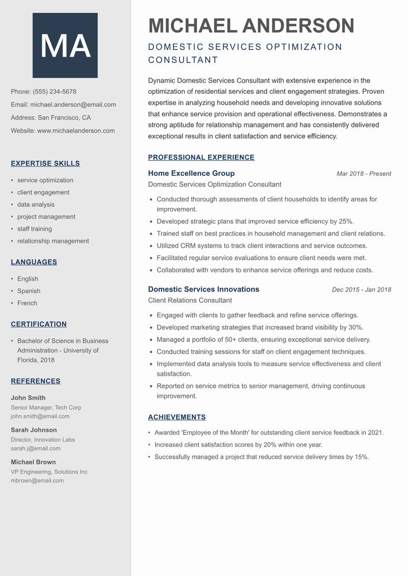 Domestic Services Consultant resume sample — Domestic Services Optimization Consultant focus