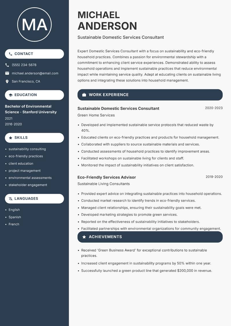 Domestic Services Consultant resume sample — Sustainable Domestic Services Consultant focus