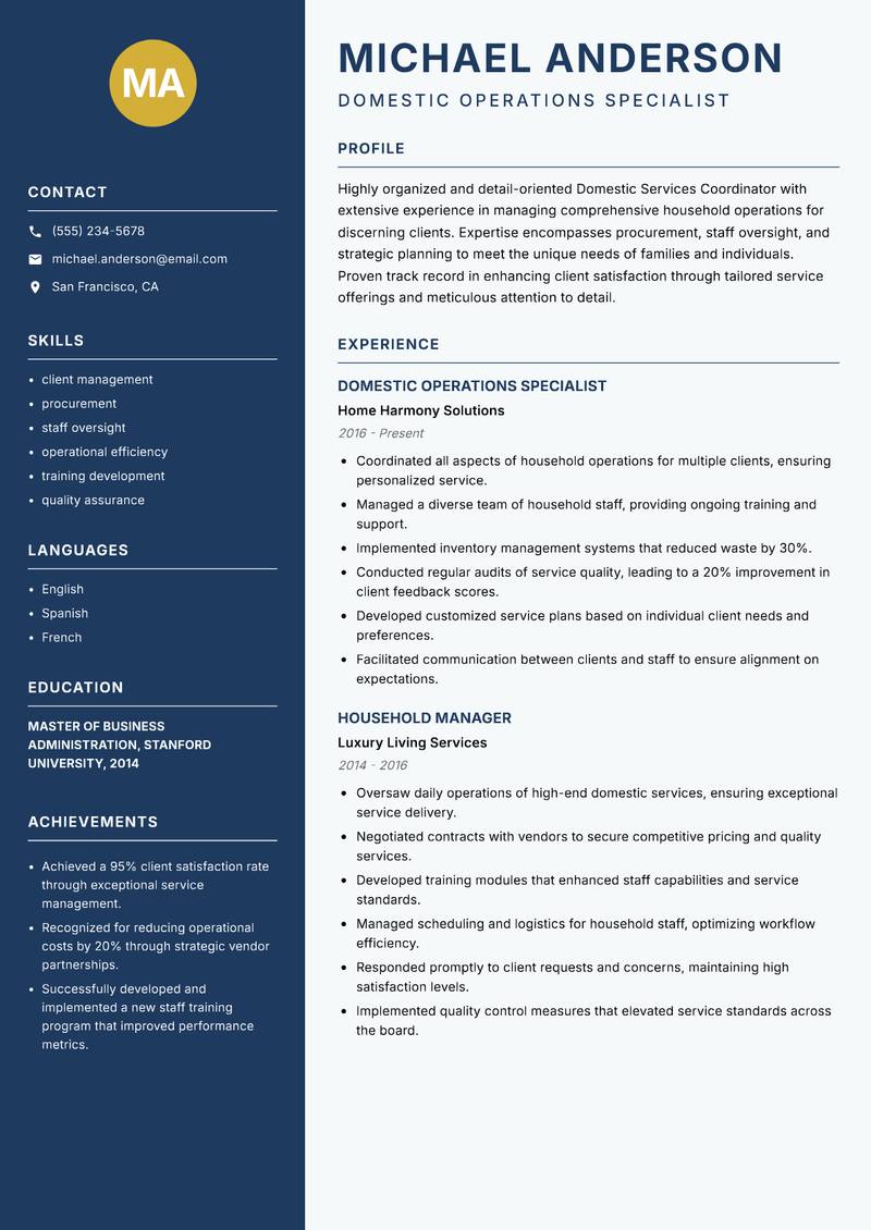 Domestic Services Coordinator resume sample — Domestic Operations Specialist focus