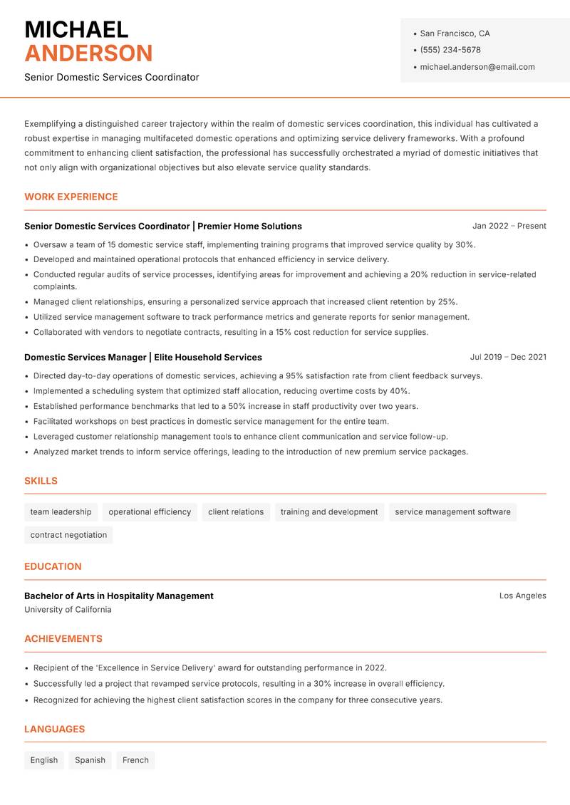 Domestic Services Coordinator resume sample — Senior Domestic Services Coordinator focus