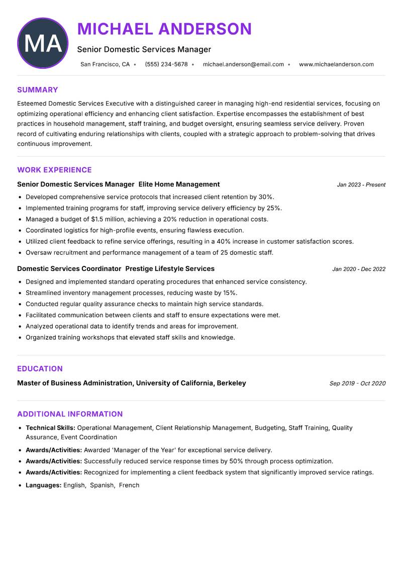 Domestic Services Executive resume example