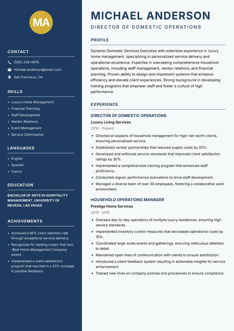 Domestic Services Executive resume sample — Director of Domestic Operations focus