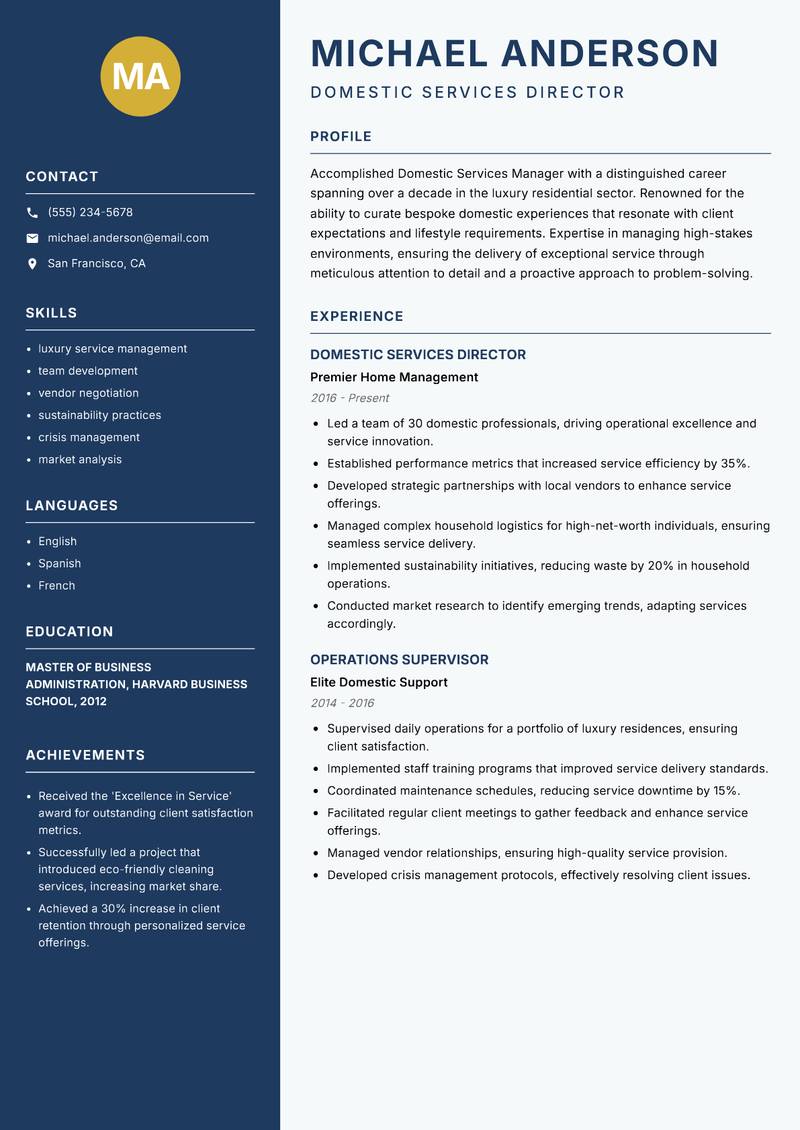 Domestic Services Manager resume sample — Domestic Services Director focus