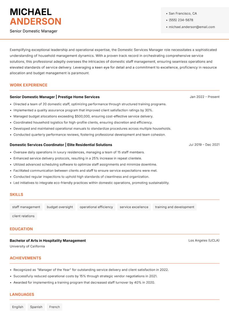 Domestic Services Manager resume sample — Senior Domestic Manager focus