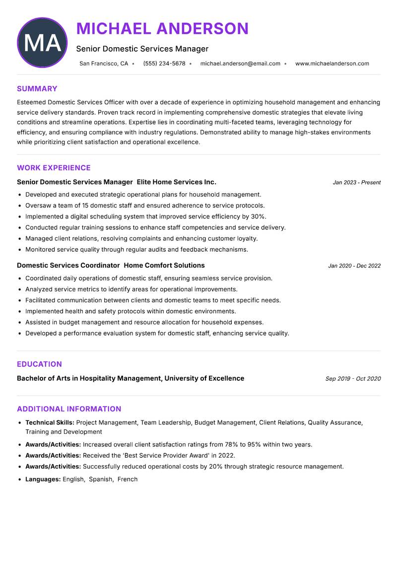 Domestic Services Officer resume example