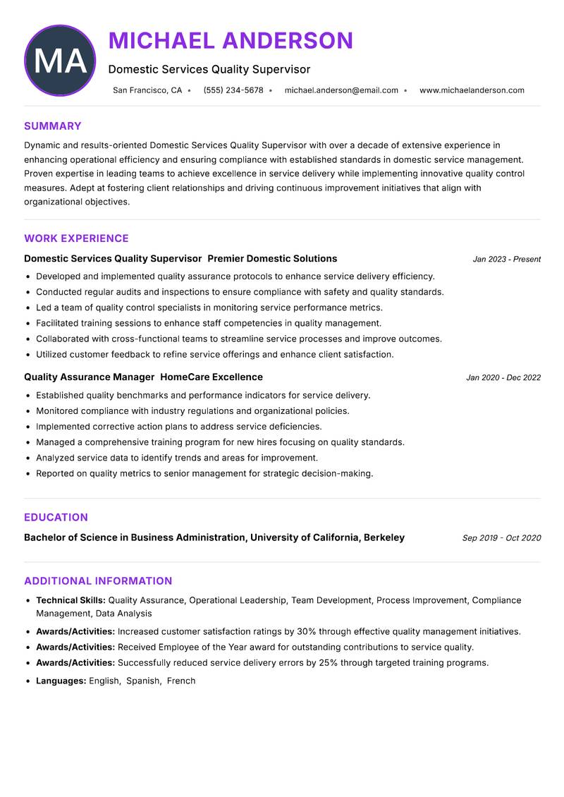 Domestic Services Quality Supervisor resume example