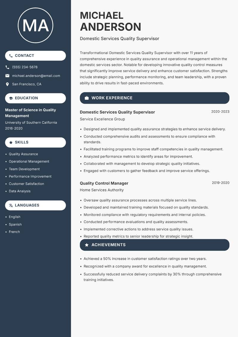 Domestic Services Quality Supervisor resume sample — Domestic Services Quality Supervisor focus