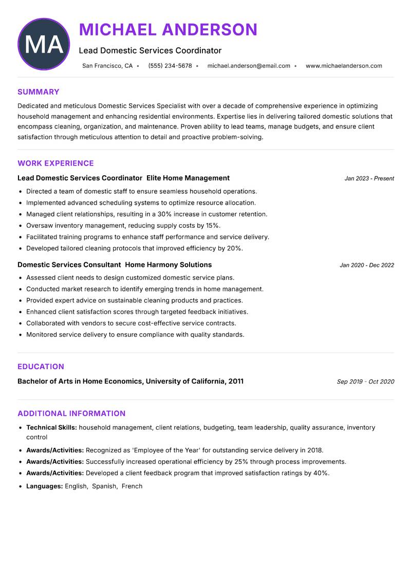 Domestic Services Specialist resume example