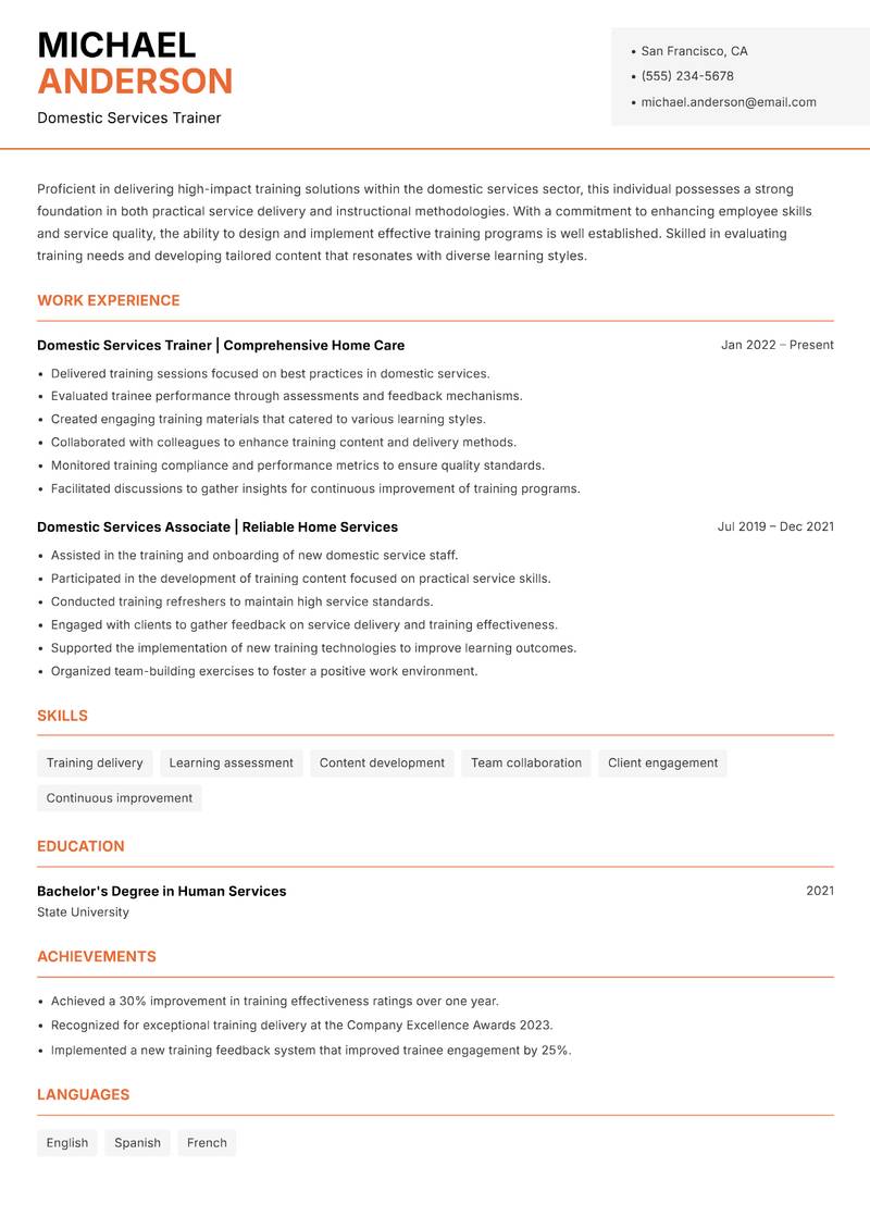 Domestic Services Trainer resume sample — Domestic Services Trainer focus
