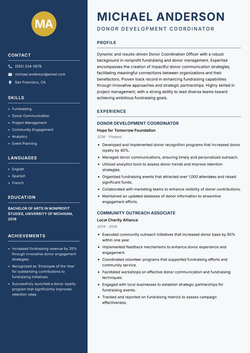 Donor Coordination Officer resume sample — Donor Development Coordinator focus
