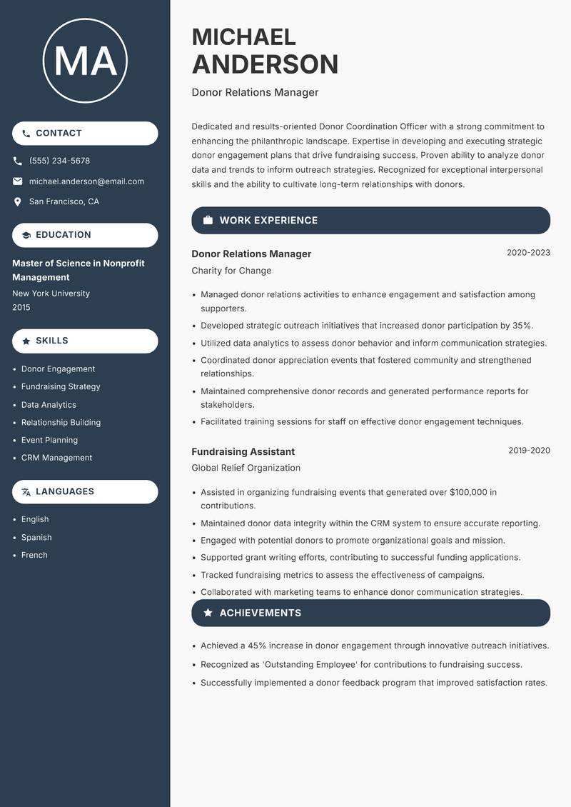 Donor Coordination Officer resume sample — Donor Relations Manager focus