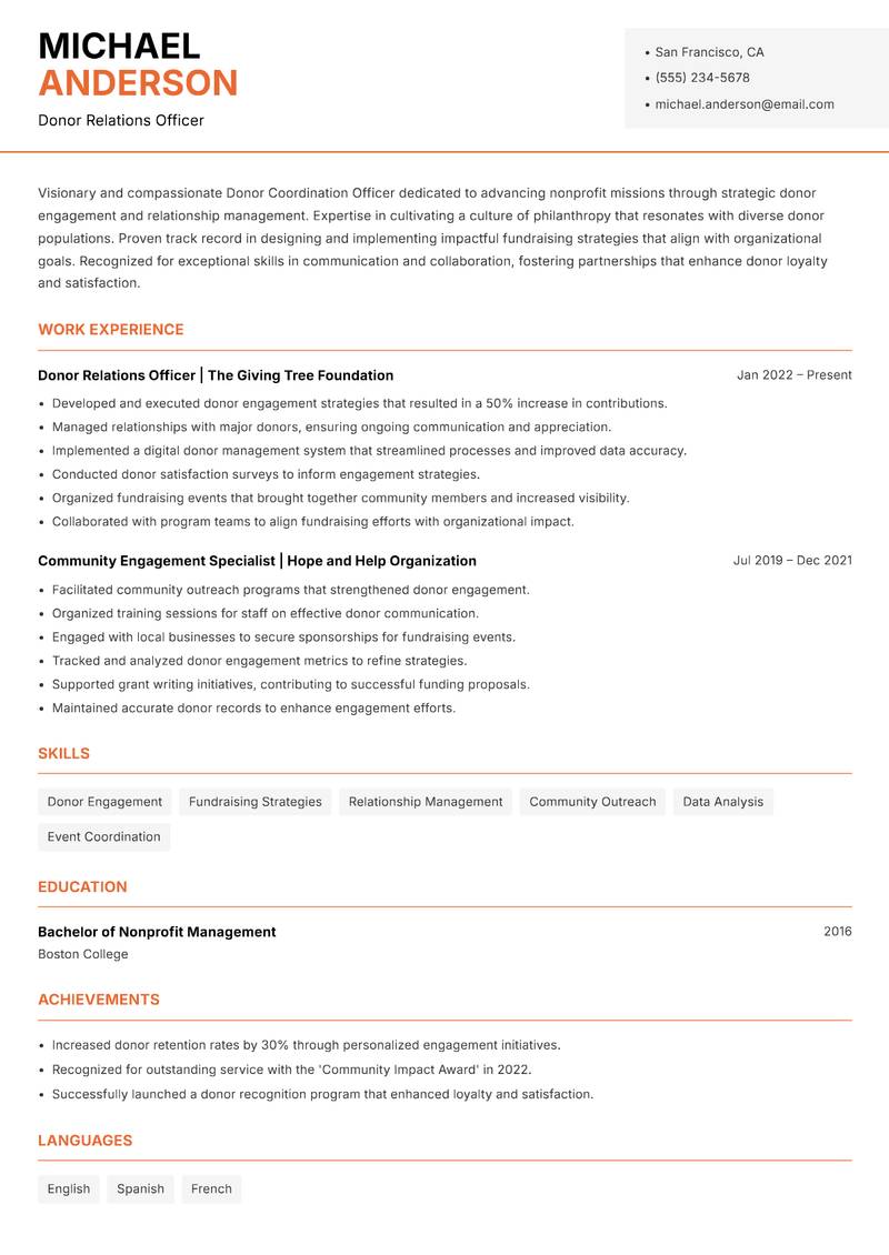 Donor Coordination Officer resume sample — Donor Relations Officer focus