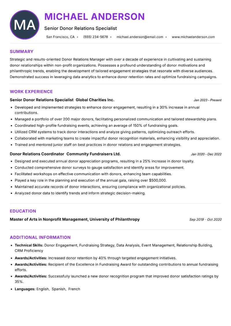 Donor Relations Manager resume example