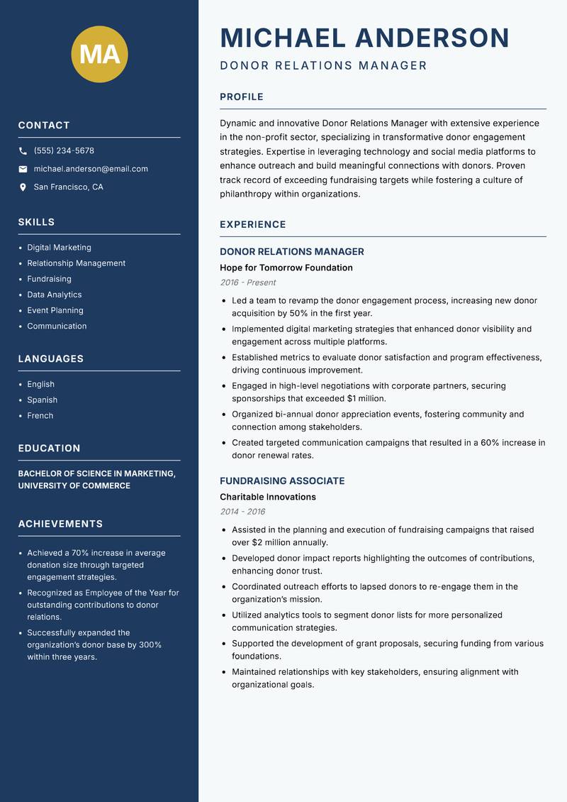 Donor Relations Manager resume sample — Donor Relations Manager focus