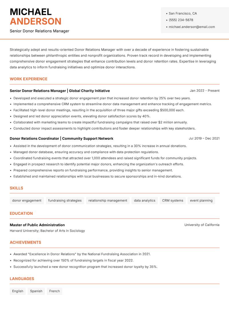 Donor Relations Manager resume sample — Senior Donor Relations Manager focus