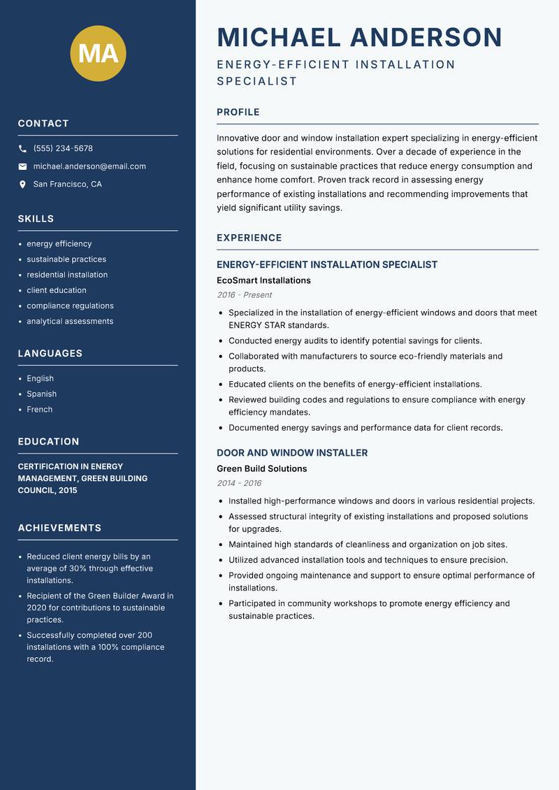 Door and Window Installer resume sample — Energy-Efficient Installation Specialist focus