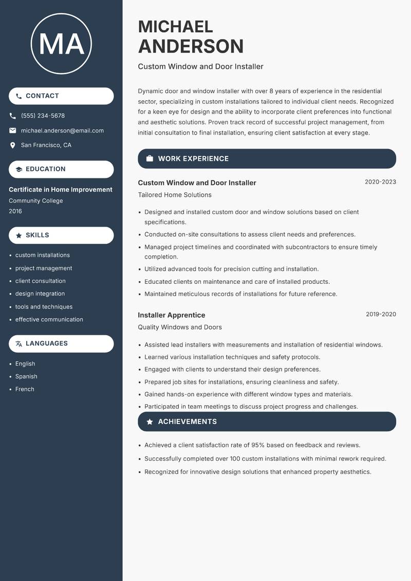 Door and Window Installer resume sample — Custom Window and Door Installer focus