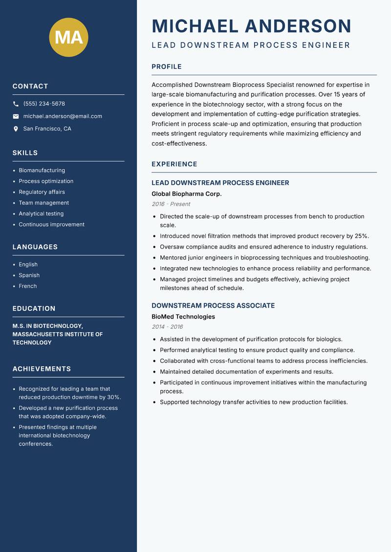 Downstream Bioprocess Specialist resume sample — Lead Downstream Process Engineer focus