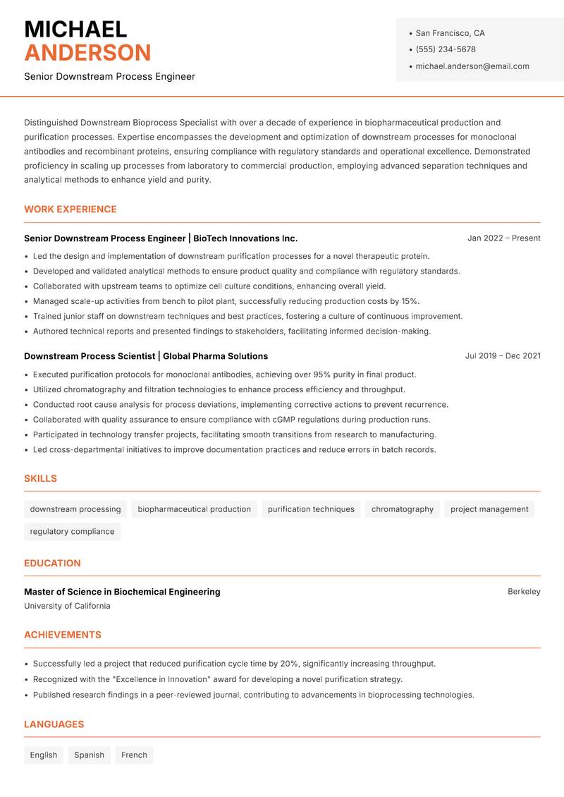 Downstream Bioprocess Specialist resume sample — Senior Downstream Process Engineer focus