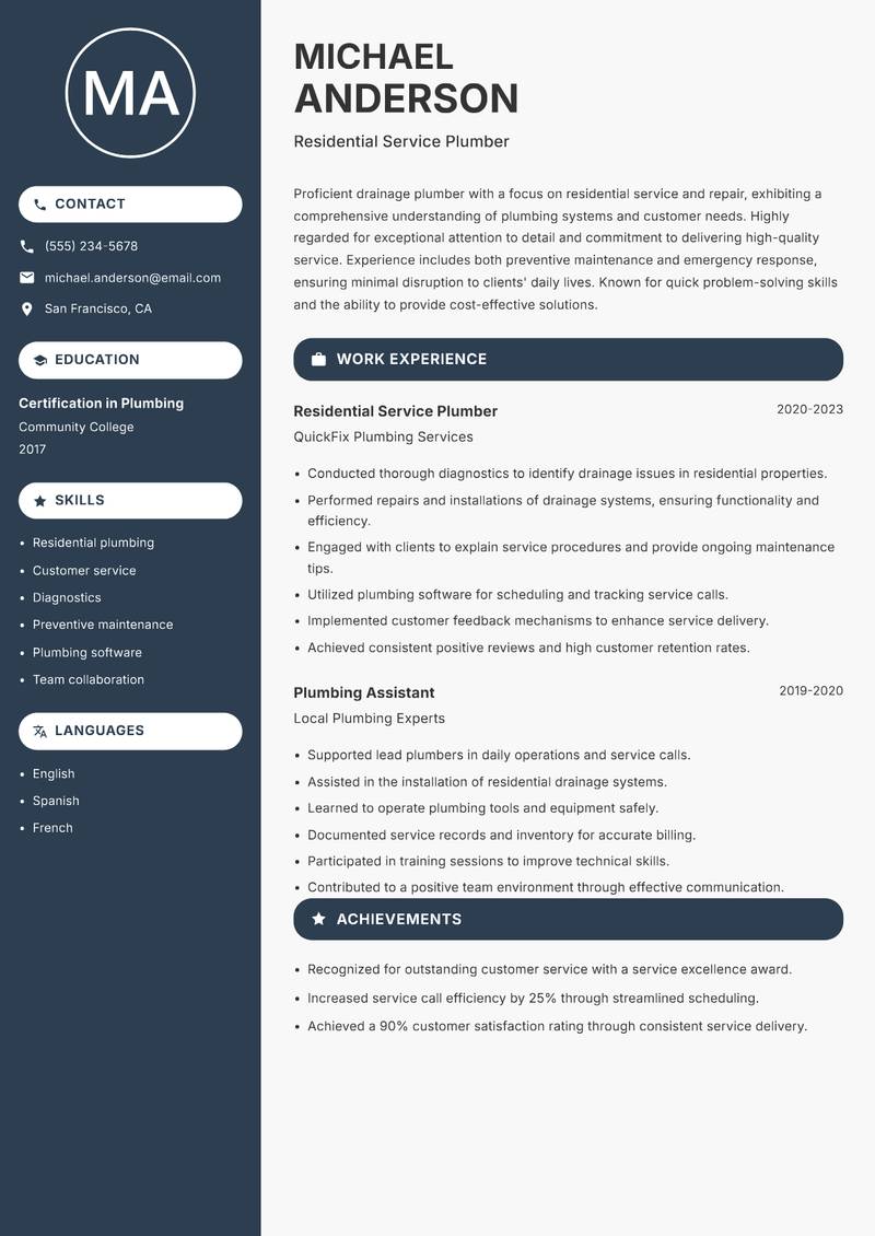 Drainage Plumber resume sample — Residential Service Plumber focus