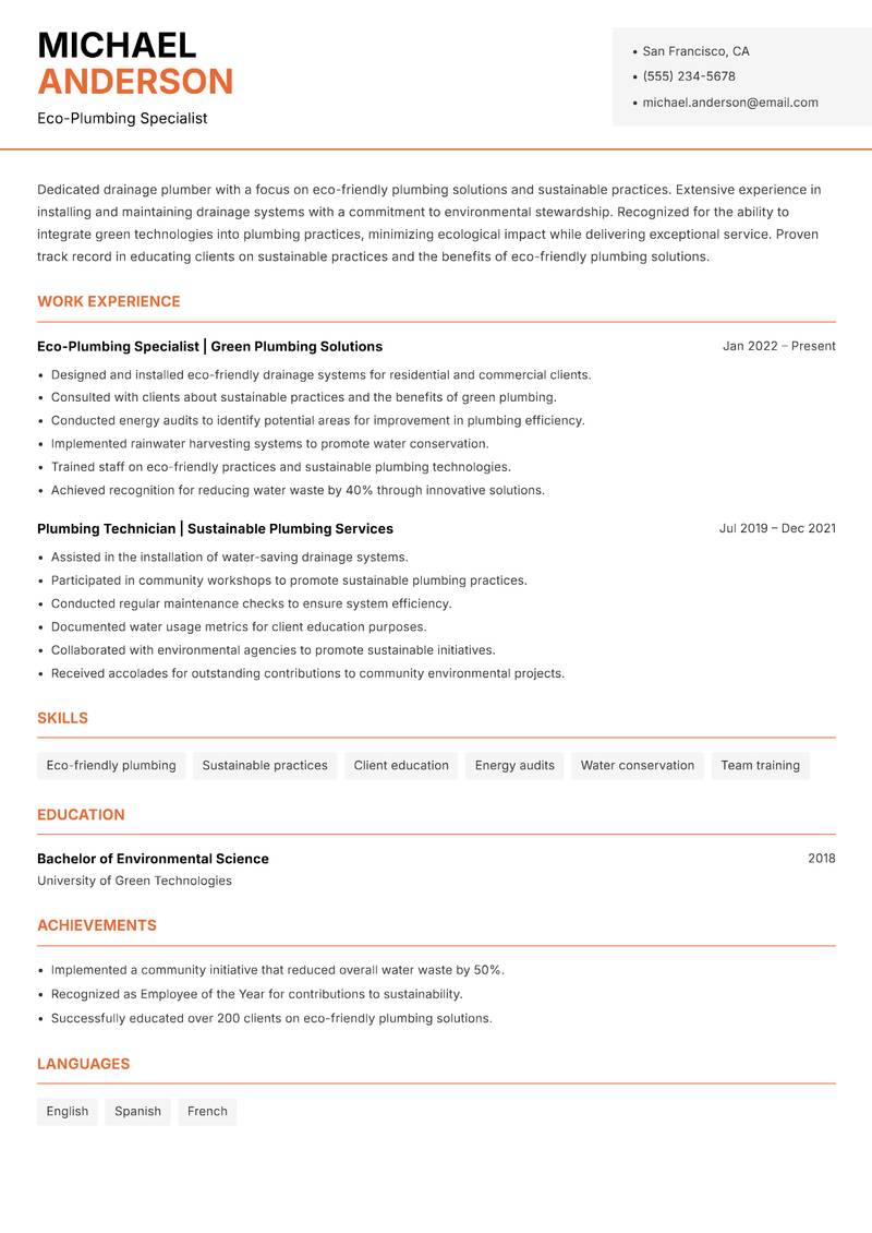 Drainage Plumber resume sample — Eco-Plumbing Specialist focus
