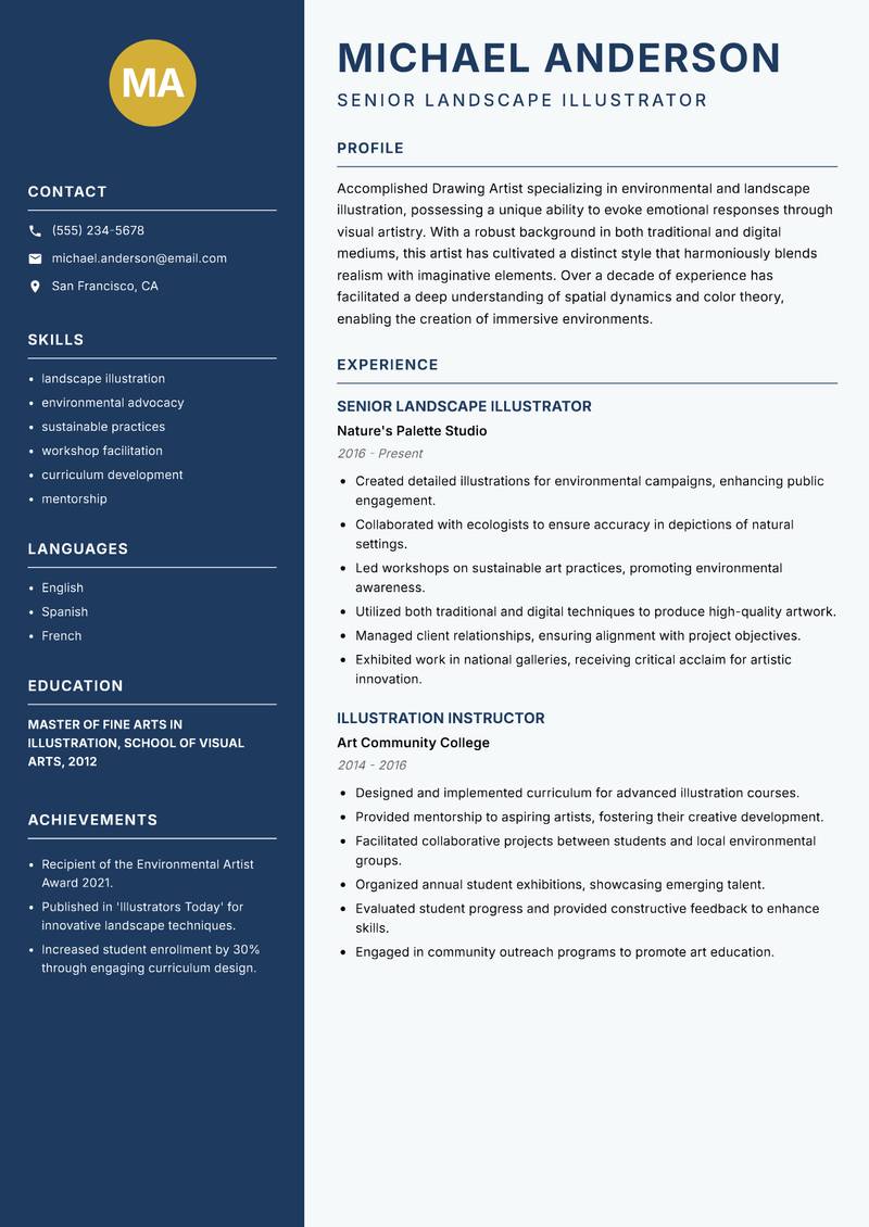 Drawing Artist resume sample — Senior Landscape Illustrator focus