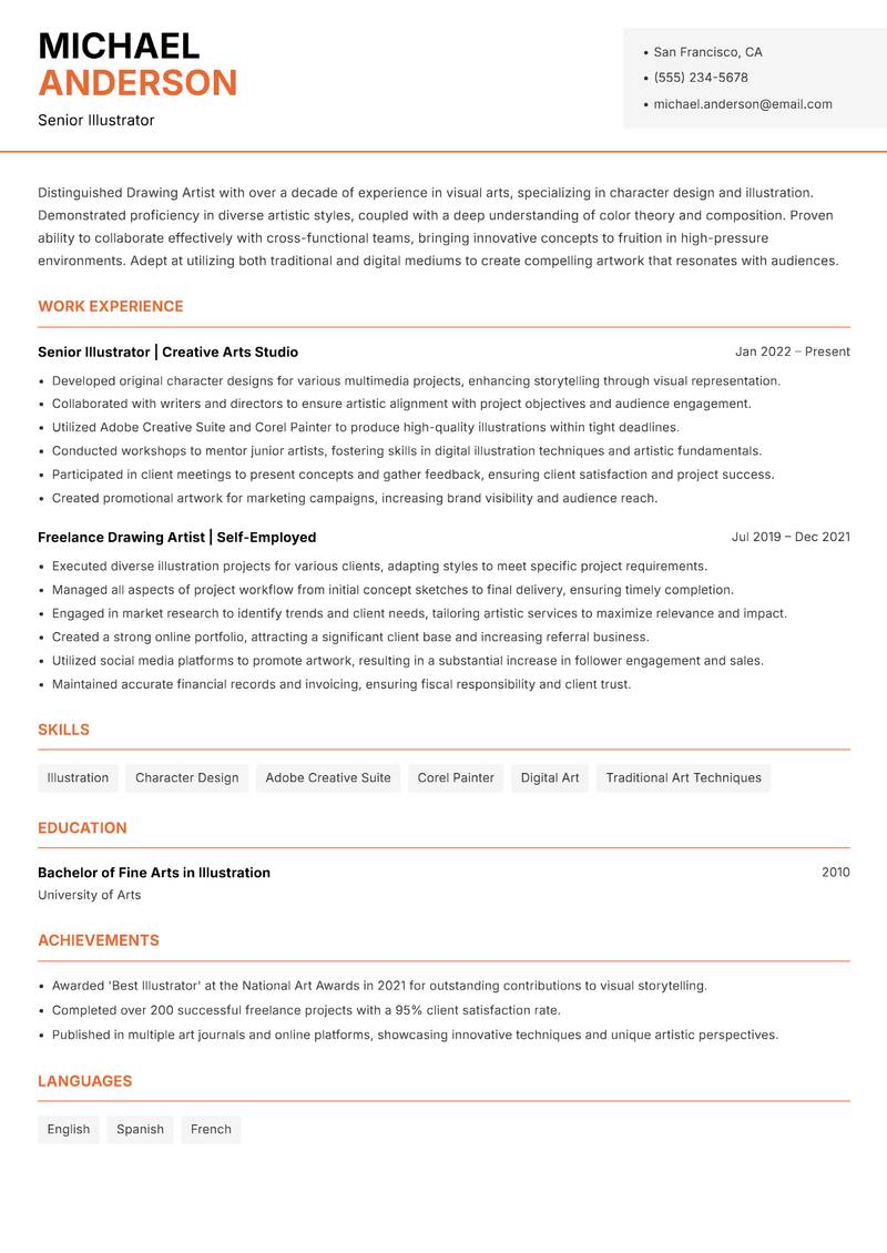 Drawing Artist resume sample — Senior Illustrator focus