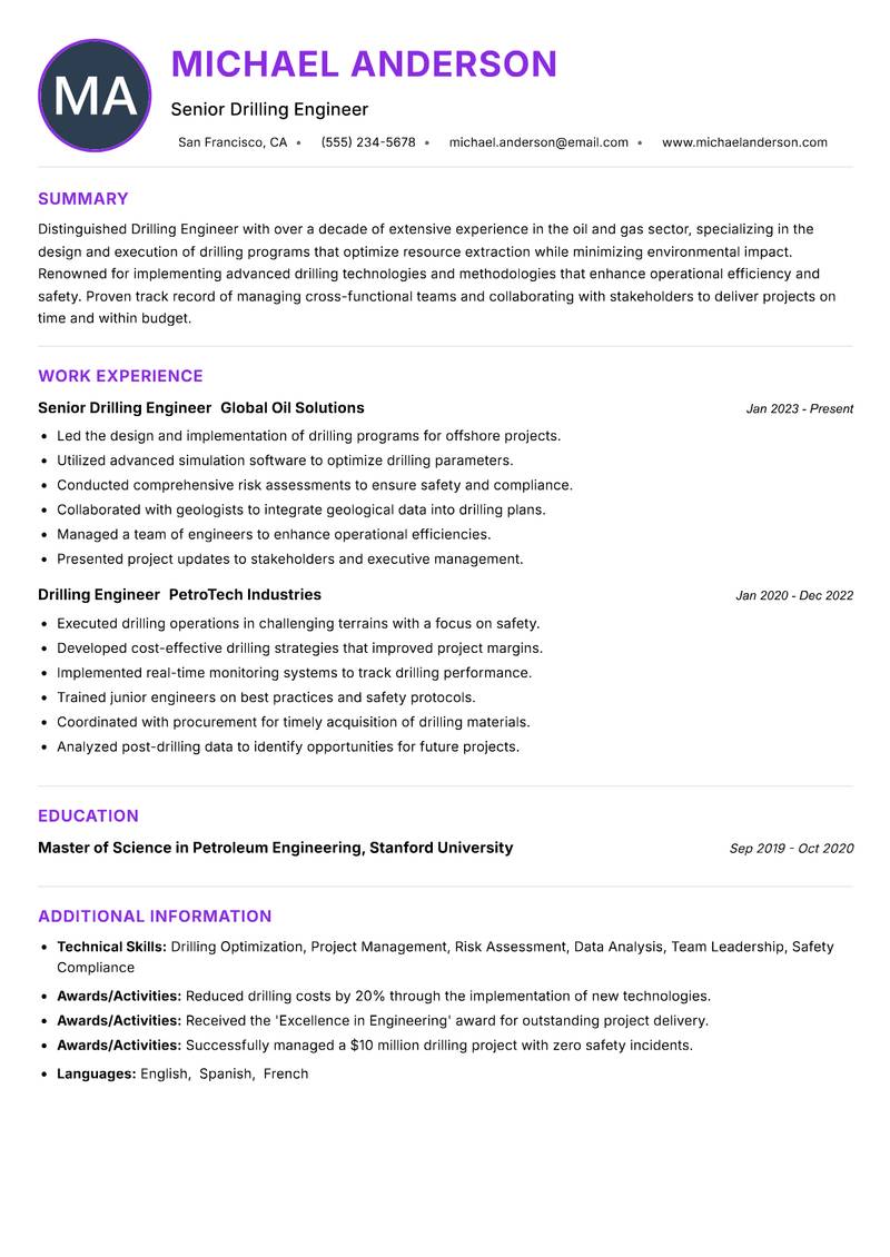 Drilling Engineer resume example