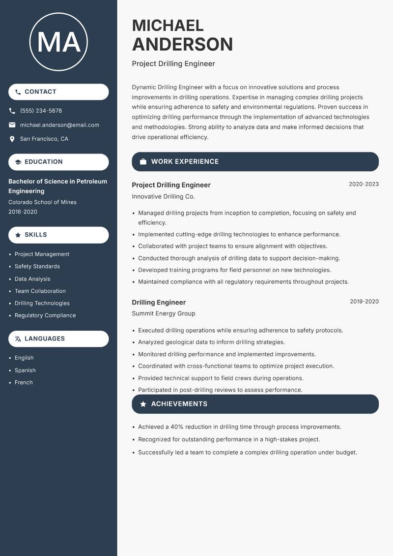 Drilling Engineer resume sample — Project Drilling Engineer focus