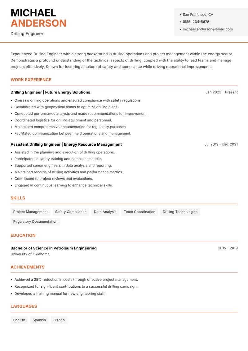 Drilling Engineer resume sample — Drilling Engineer focus