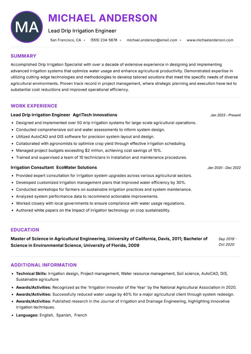Drip Irrigation Specialist resume example