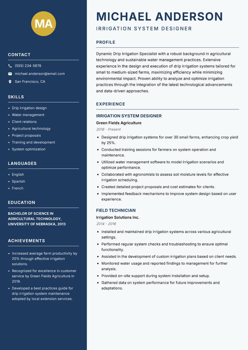 Drip Irrigation Specialist resume sample — Irrigation System Designer focus