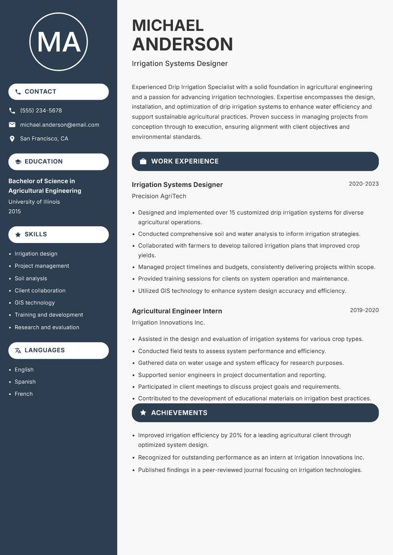 Drip Irrigation Specialist resume sample — Irrigation Systems Designer focus