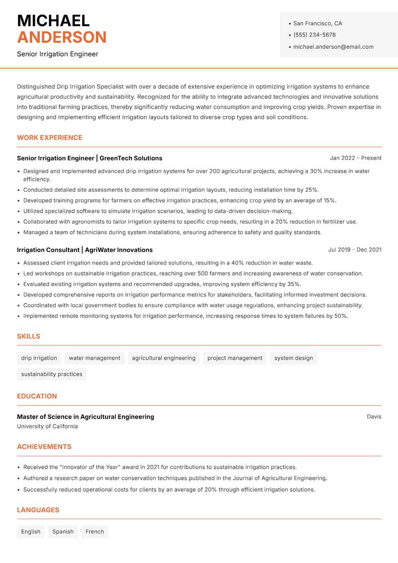 Drip Irrigation Specialist resume sample — Senior Irrigation Engineer focus
