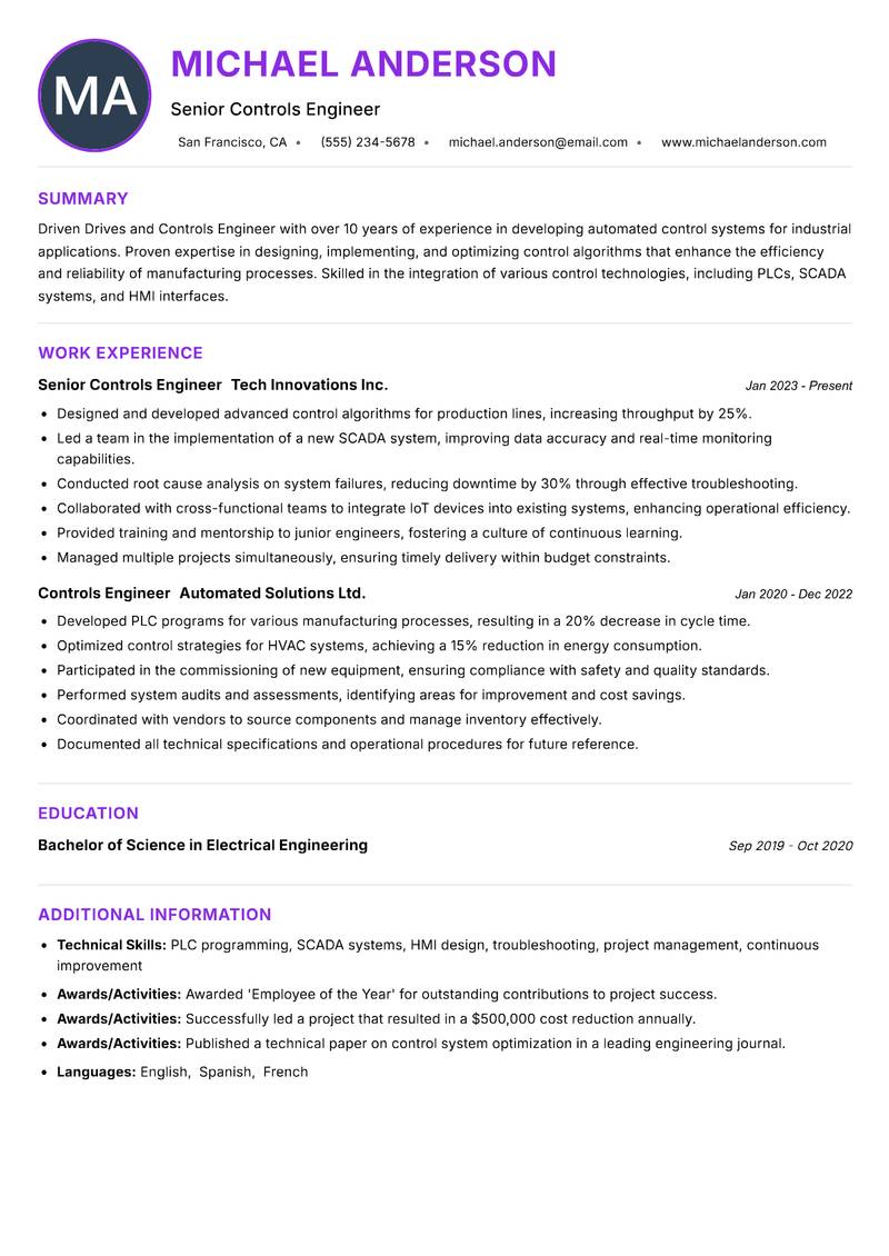 Drives and Controls Engineer resume example