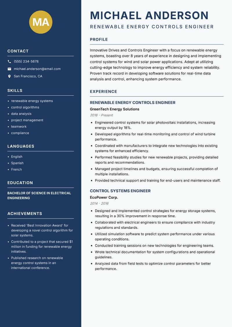 Drives and Controls Engineer resume sample — Renewable Energy Controls Engineer focus
