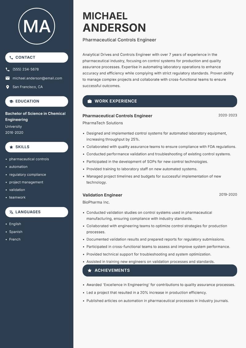 Drives and Controls Engineer resume sample — Pharmaceutical Controls Engineer focus