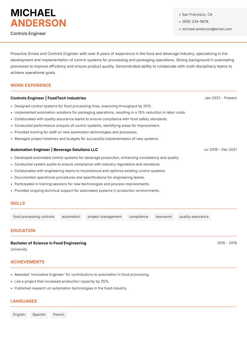 Drives and Controls Engineer resume sample — Controls Engineer focus