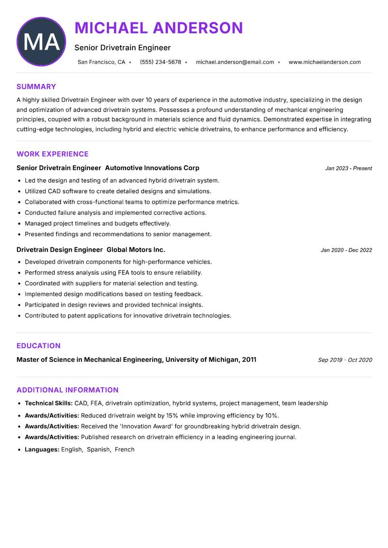 Drivetrain Engineer resume example