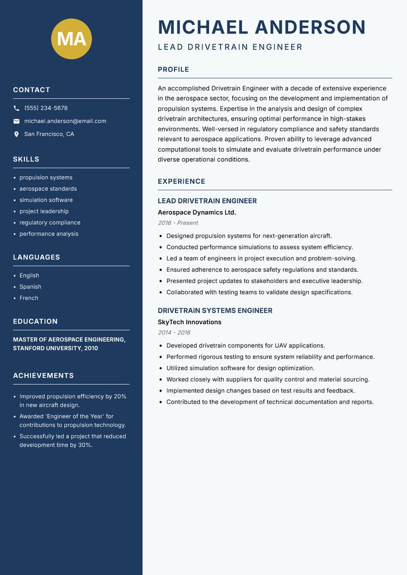 Drivetrain Engineer resume sample — Lead Drivetrain Engineer focus