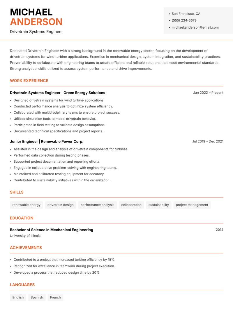 Drivetrain Engineer resume sample — Drivetrain Systems Engineer focus