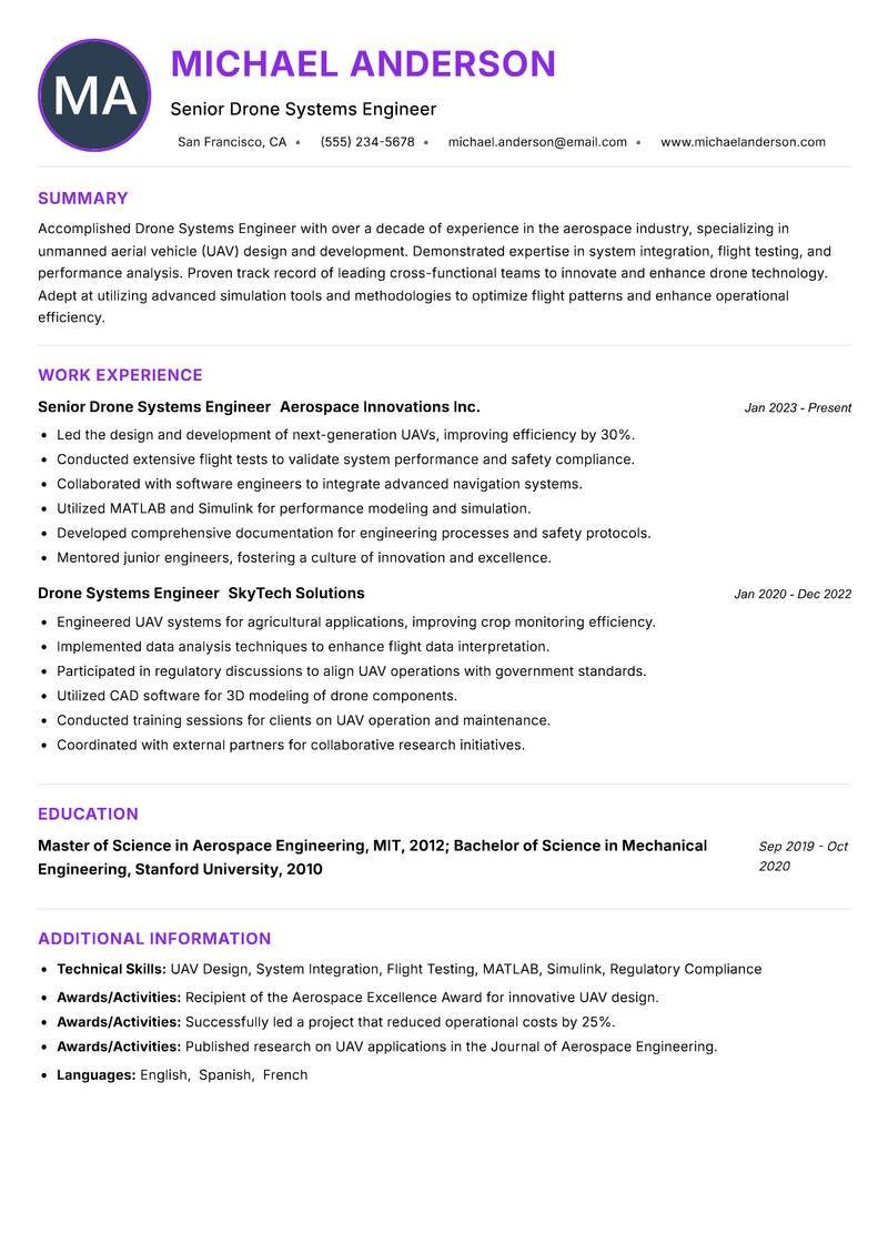 Drone Systems Engineer resume example