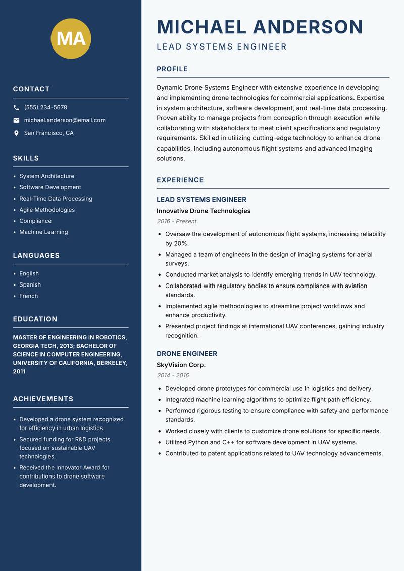Drone Systems Engineer resume sample — Lead Systems Engineer focus