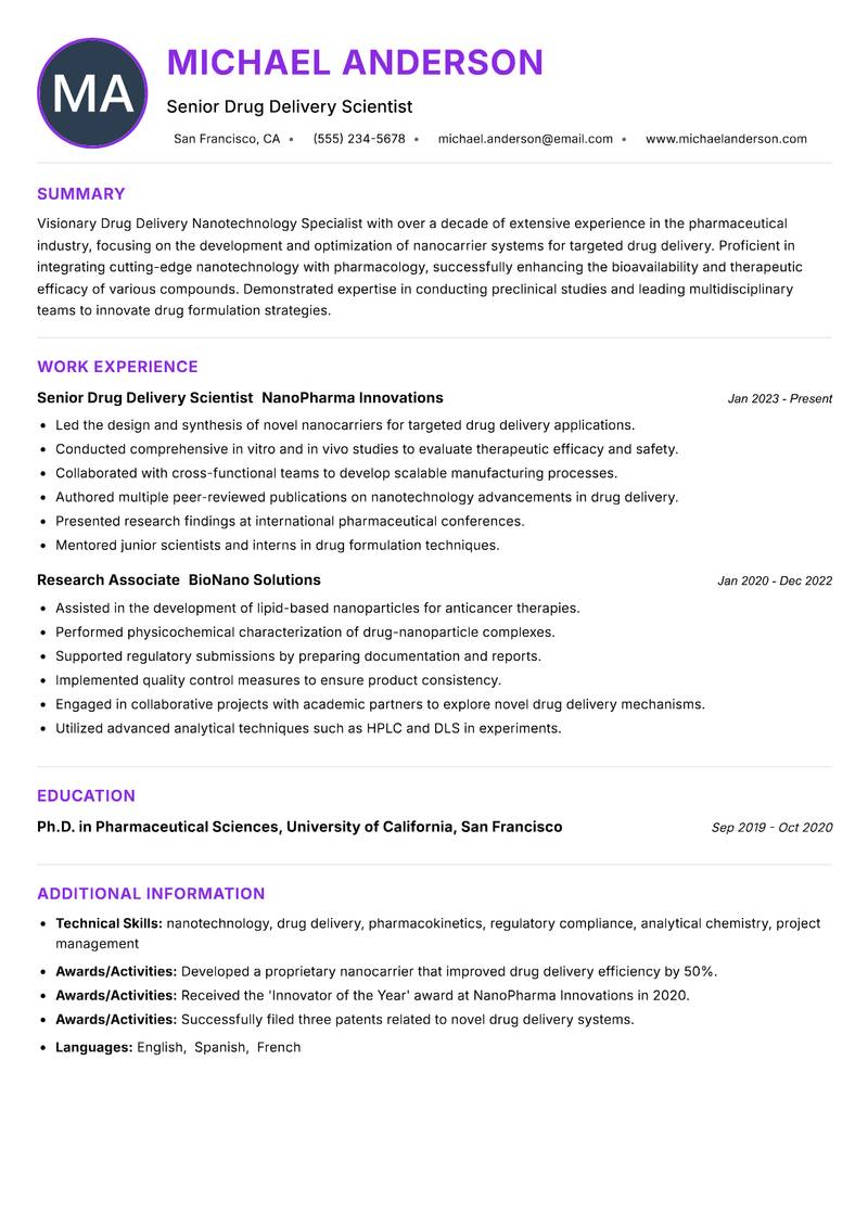 Drug Delivery Nanotechnology Specialist resume example