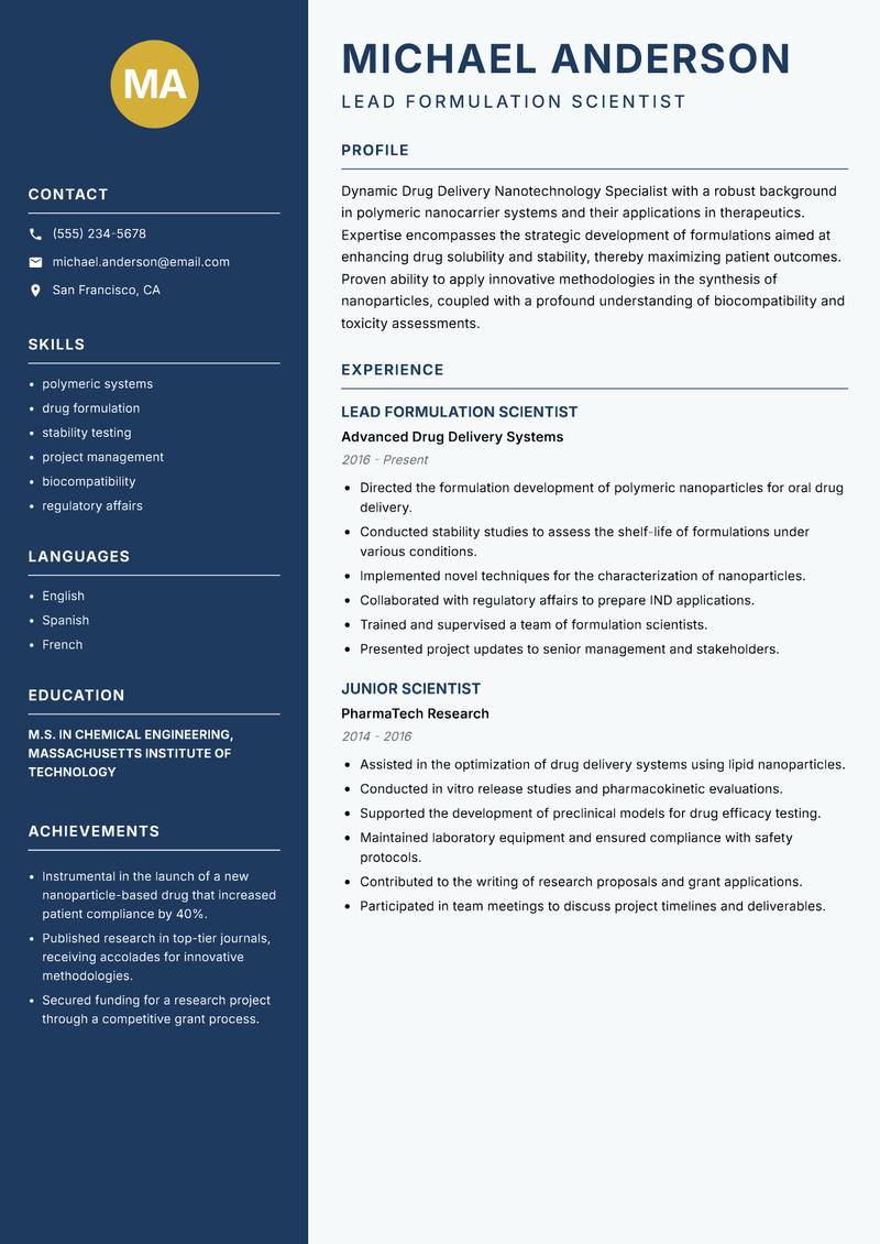 Drug Delivery Nanotechnology Specialist resume sample — Lead Formulation Scientist focus