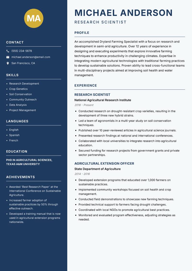Dryland Farming Specialist resume sample — Research Scientist focus