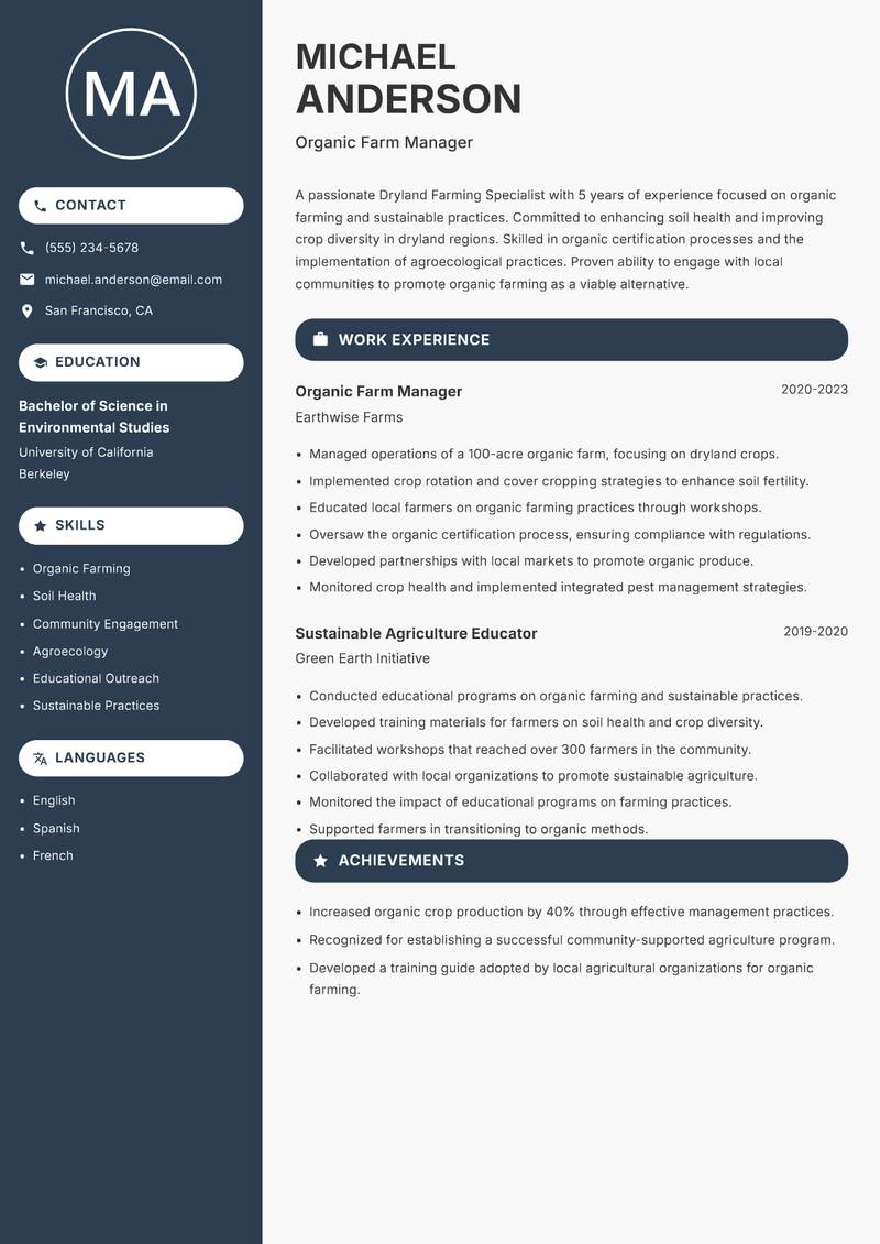 Dryland Farming Specialist resume sample — Organic Farm Manager focus