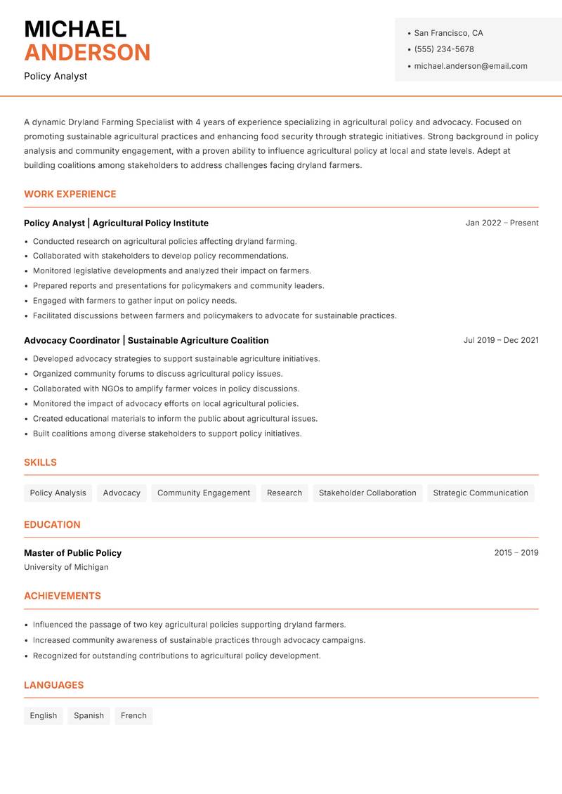 Dryland Farming Specialist resume sample — Policy Analyst focus
